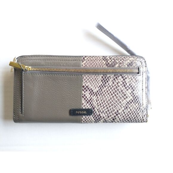 New! FOSSIL Logan RFID Wallet Zip Clutch Wristlet Strap Taupe Snakeprint Black - Picture 7 of 10
